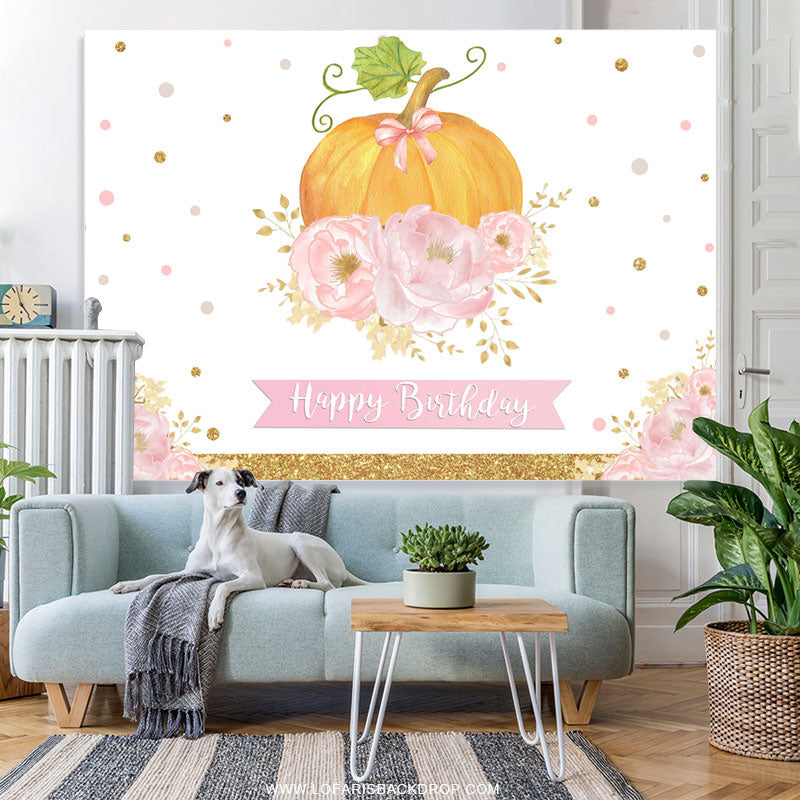 Lofaris Simple Pumpkin Pink Flowers Happy Birthday Backdrop