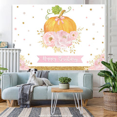 Lofaris Simple Pumpkin Pink Flowers Happy Birthday Backdrop