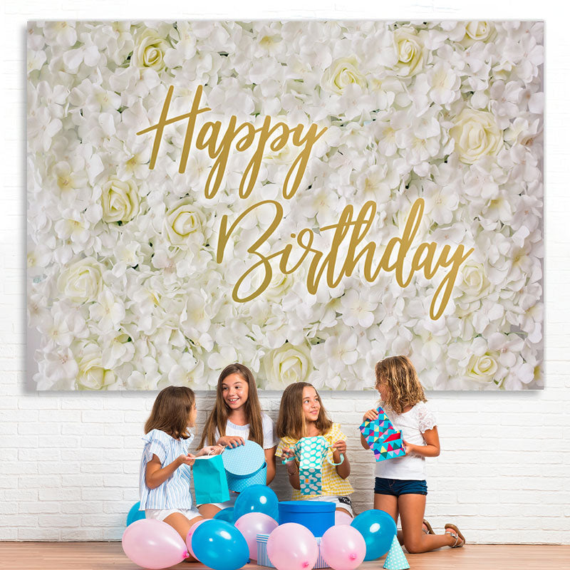 Lofaris Simple White And Floral Elegant Happy Birthday Backdrop