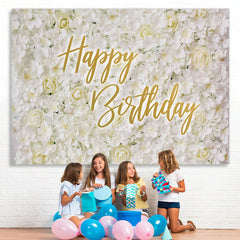 Lofaris Simple White And Floral Elegant Happy Birthday Backdrop
