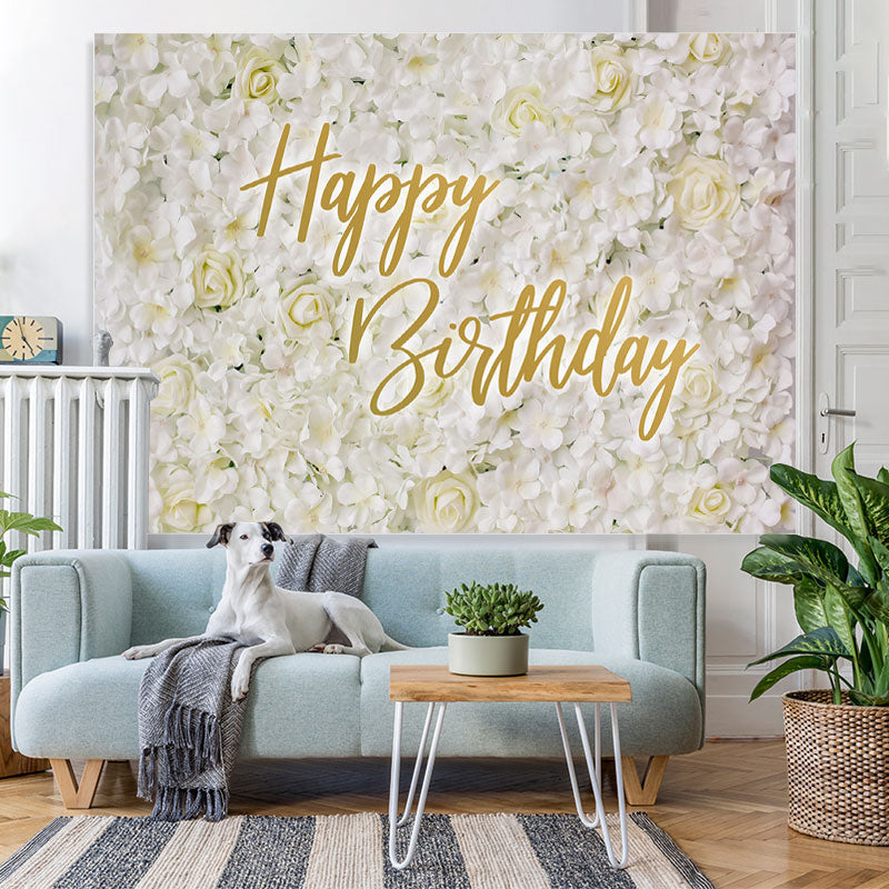 Lofaris Simple White And Floral Elegant Happy Birthday Backdrop