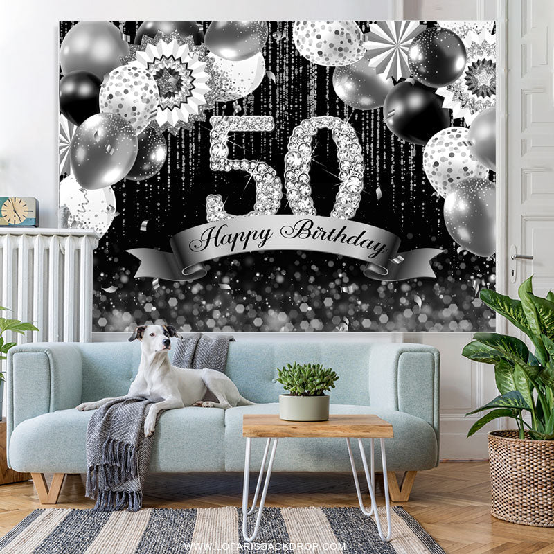 Lofaris Silver And Black Bokeh Glitter 50th Birthday Backdrop