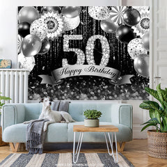 Lofaris Silver And Black Bokeh Glitter 50th Birthday Backdrop