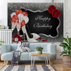 Lofaris Silver and Black Happy Birthday Party Backdrop for Decor