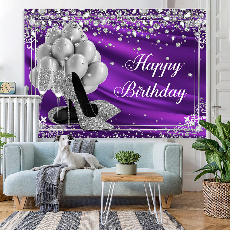 Lofaris Silver Balloon and Diamonds Purple Birthday Backdrop