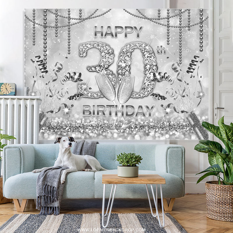 Lofaris Silver Bokeh Diamonds Happy 30th Birthday Party Backdrop