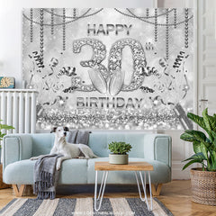 Lofaris Silver Bokeh Diamonds Happy 30th Birthday Party Backdrop