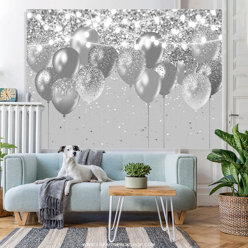 Lofaris Silver Bokeh Glitter Balloons Happy Birthday Backdrop