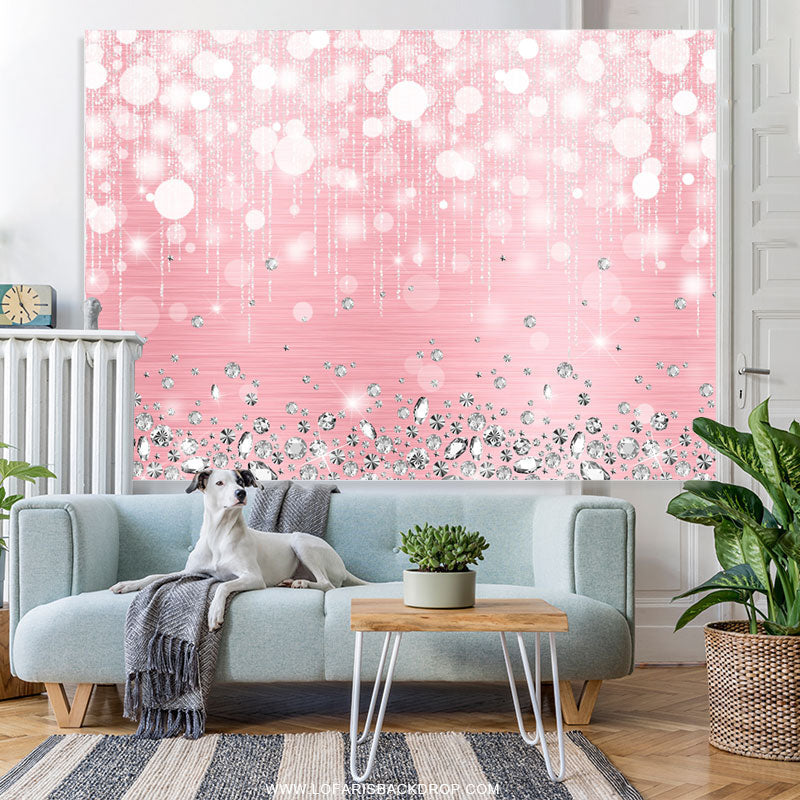 Lofaris Silver Diamonds Bokeh Pink Birthday Party Backdrop