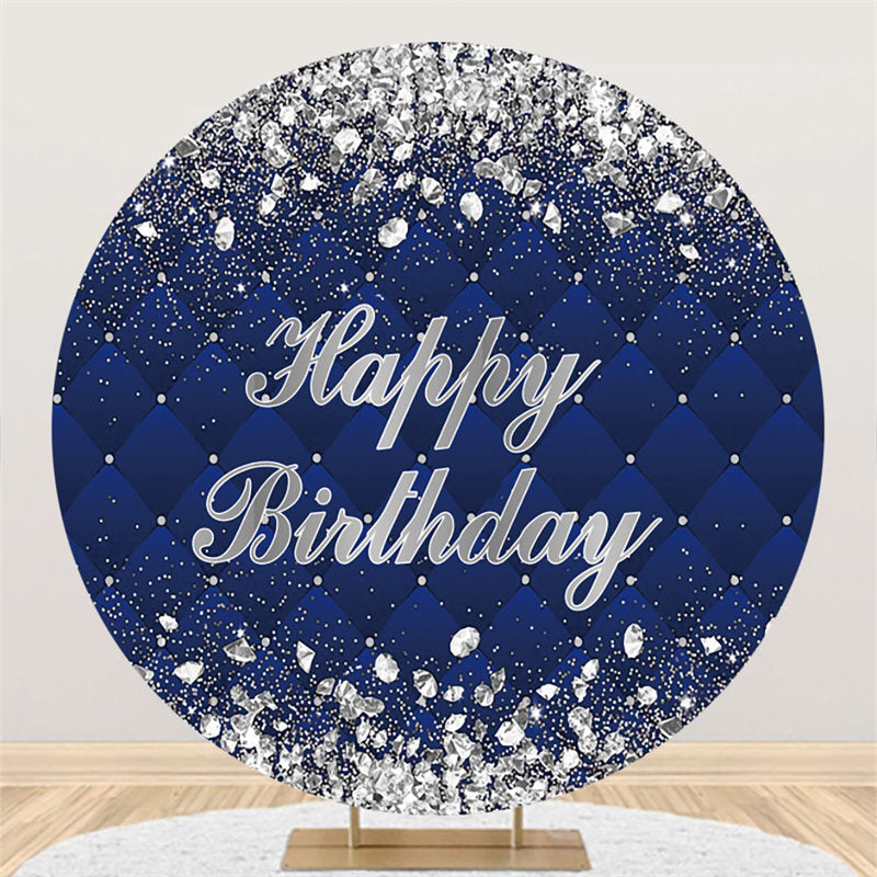 Lofaris Silver Diamonds Round Navy Blue Happy Birthday Backdrop