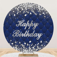 Lofaris Silver Diamonds Round Navy Blue Happy Birthday Backdrop