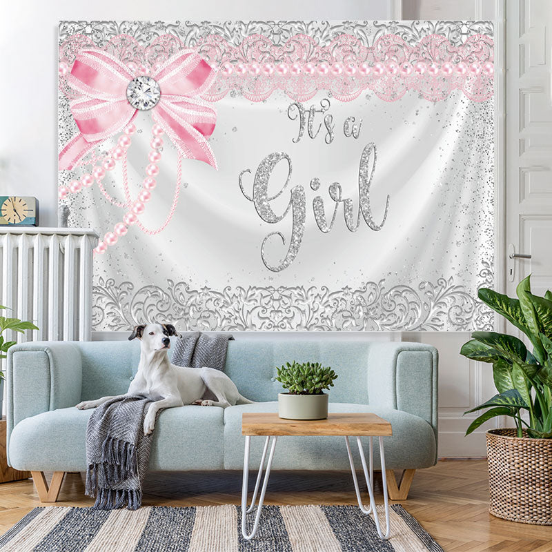 Lofaris Silver Glitter And Pink Its A Girl Baby Shower Backdrop