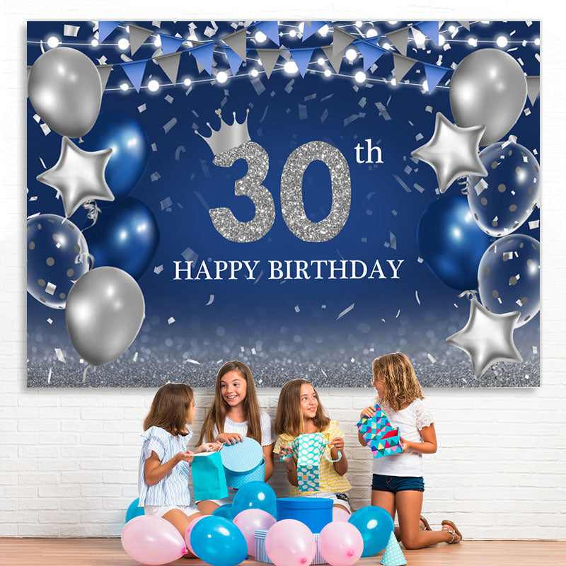 Lofaris Silver Glitter Ballon And Blue 30th Birthday Backdrop