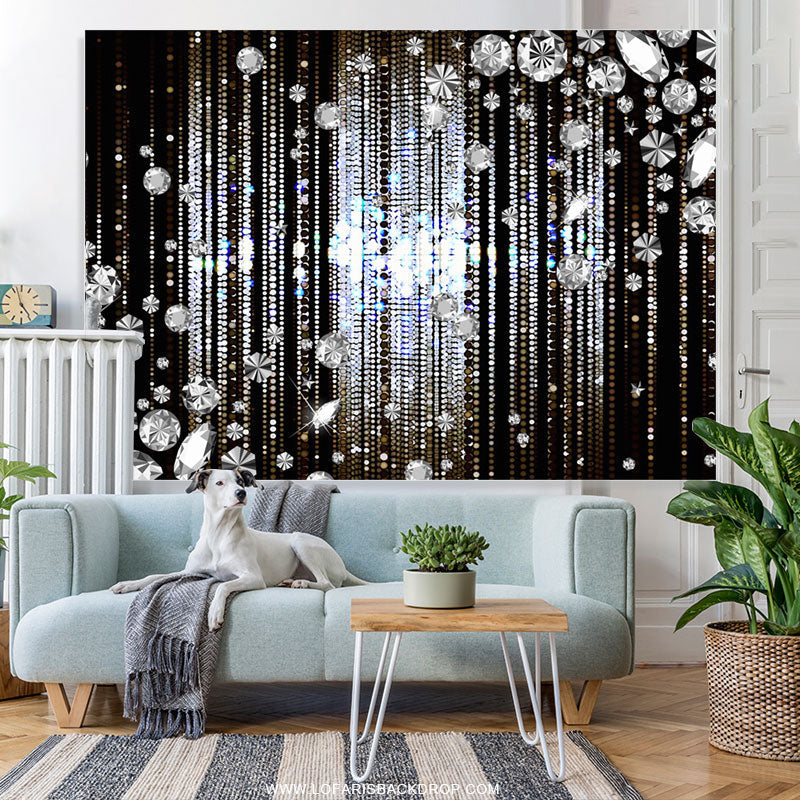 Lofaris Silver Glitter Diamonds Black Birthday Party Backdrop