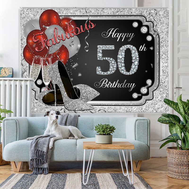 Lofaris Silver Glitter Happy 50th Birthday Heels Bolloon Party Backdrop