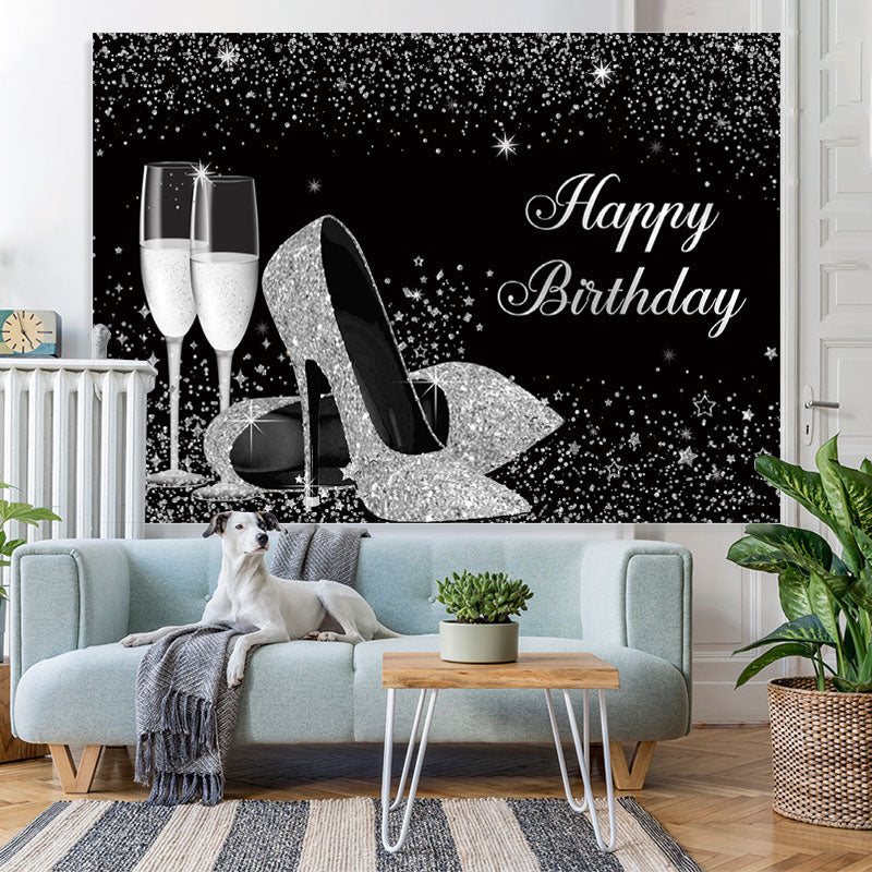 Lofaris Silver Glitter High Heels Wine Glass Birthday Backdrop