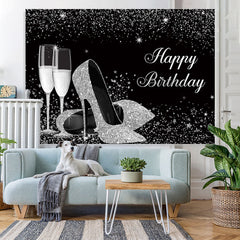 Lofaris Silver Glitter High Heels Wine Glass Birthday Backdrop