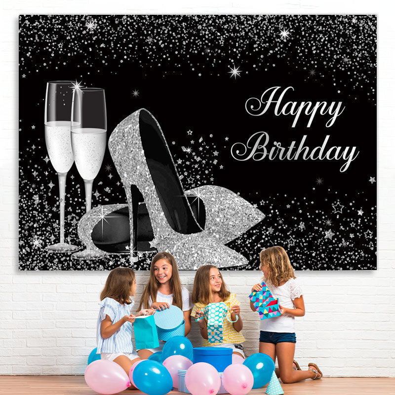 Lofaris Silver Glitter High Heels Wine Glass Birthday Backdrop