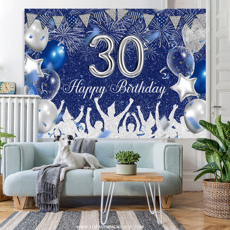 Lofaris Silver Navy Blue Glitter Balloons 30th Birthday Backdrop