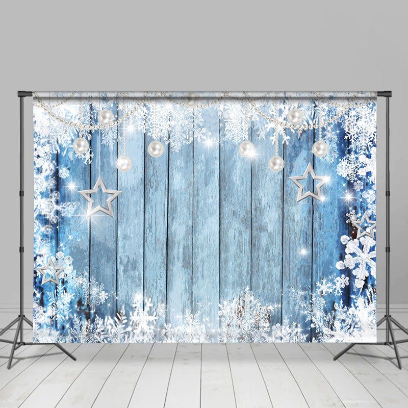 Lofaris Silver Snowy Forzen Blue Wooden Winter Party Backdrop