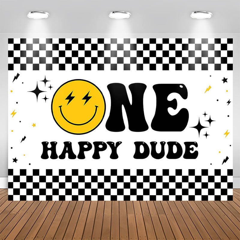 Lofaris Smiling Face Stars Plaid 1st Birthday Party Backdrop