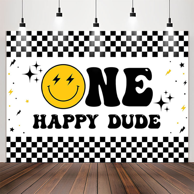Lofaris Smiling Face Stars Plaid 1st Birthday Party Backdrop