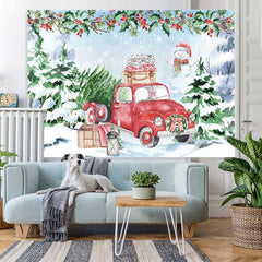 Lofaris Snow Christmas tree red car snowman backdrop