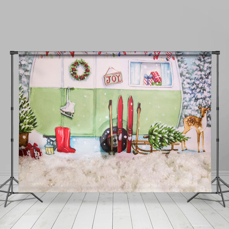 Lofaris Snow Fawn Sled Car Christmas Tree Party Backdrop for Kid