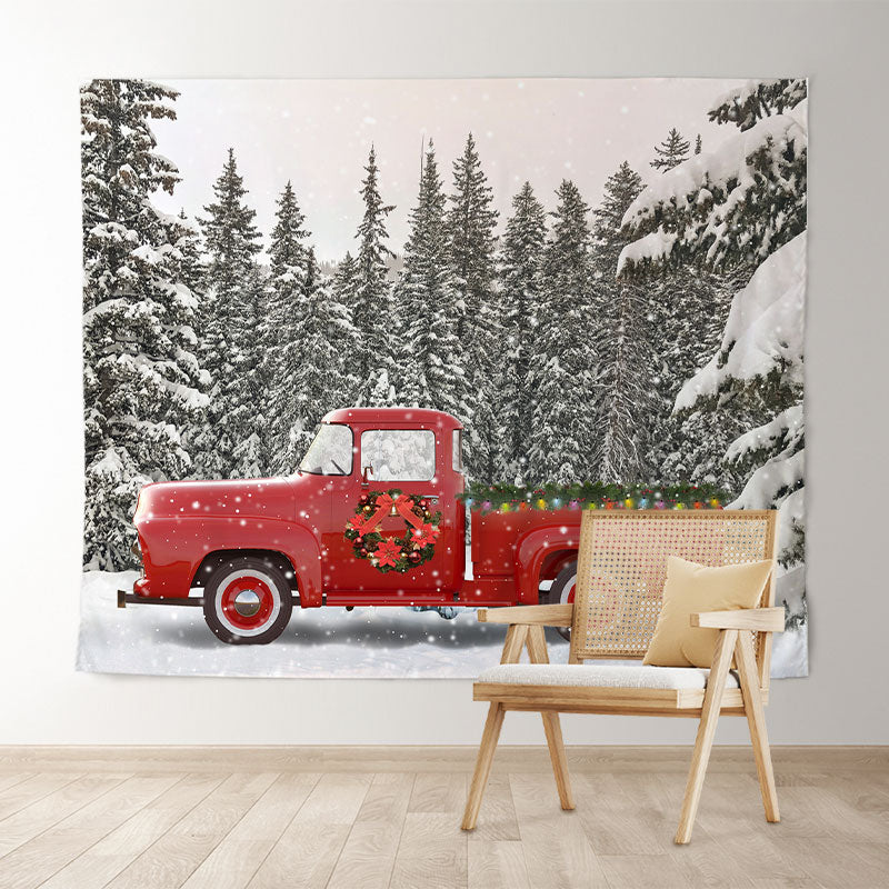 Lofaris Snow Forest Red Truck Winter Christmas Party Backdrop