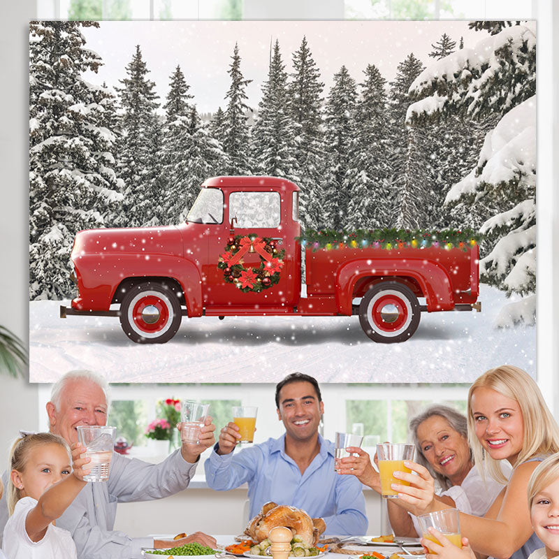 Lofaris Snow Forest Red Truck Winter Christmas Party Backdrop