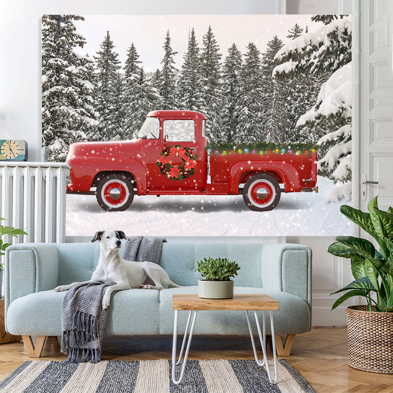 Lofaris Snow Forest Red Truck Winter Christmas Party Backdrop
