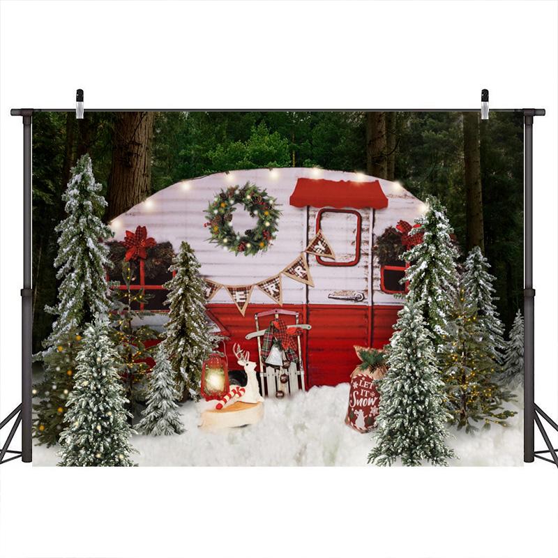 Lofaris Snow Merry Christmas Tree With Motorhome Party Backdrop