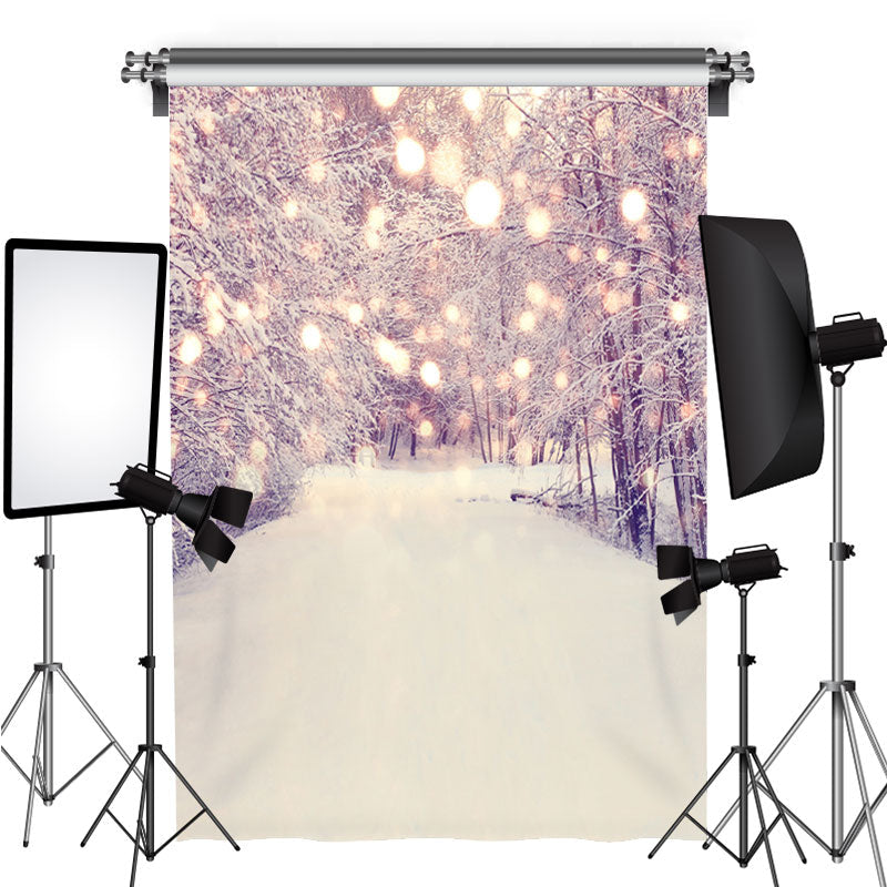 Lofaris Snow Scene Tree Gold Bokeh Winter Photo Backdrop