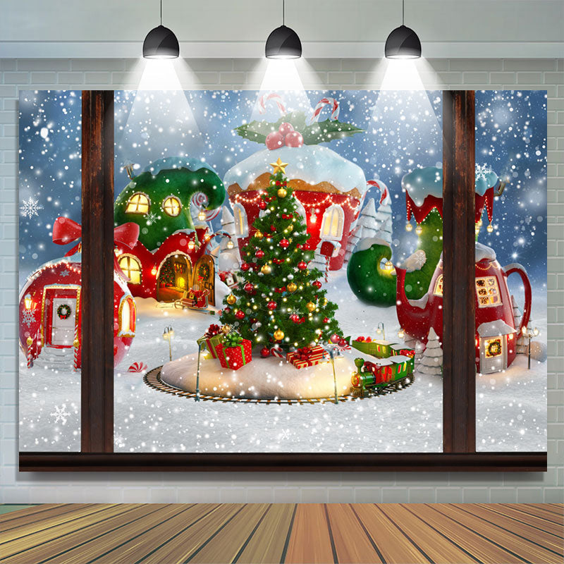 Lofaris Snowy Christmas House And Tree Happy Holiday Backdrop