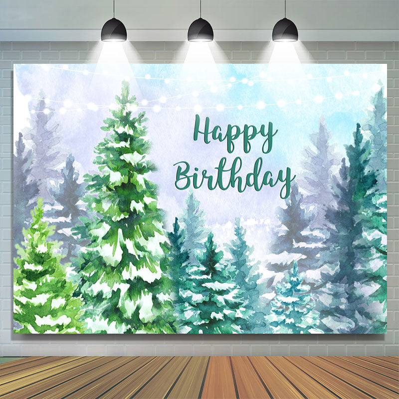 Lofaris Snowy Forest Jungle Winter Happy Birthday Backdrop