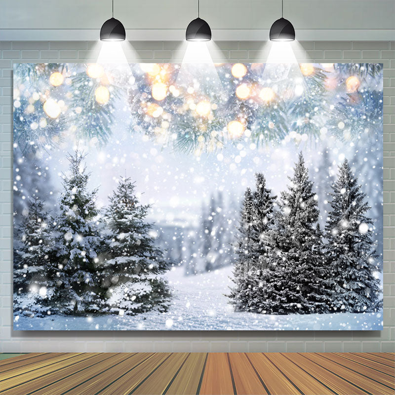 Lofaris Snowy Lighting Forest Cold Winter Holiday Backdrop