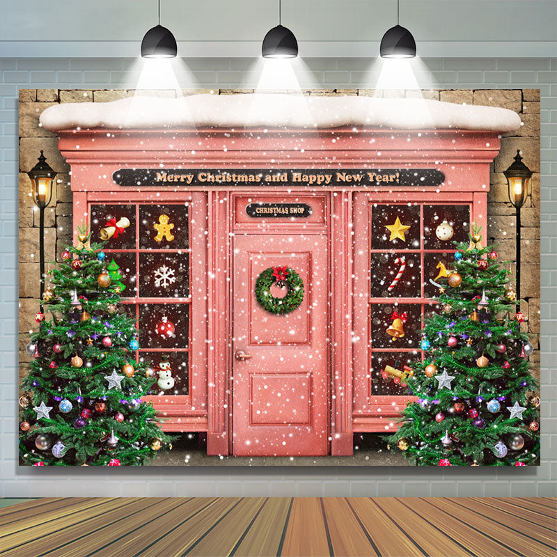 Lofaris UK Snowy Pink House Merry Christmas Happy New Year Backdrop