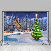 Lofaris Snowy White Cabin With Shiny Christmas Tree Backdrop