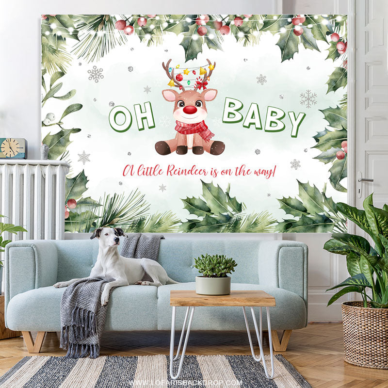 Lofaris Snowy Winter Reindeer Christmas Baby Shower Backdrop