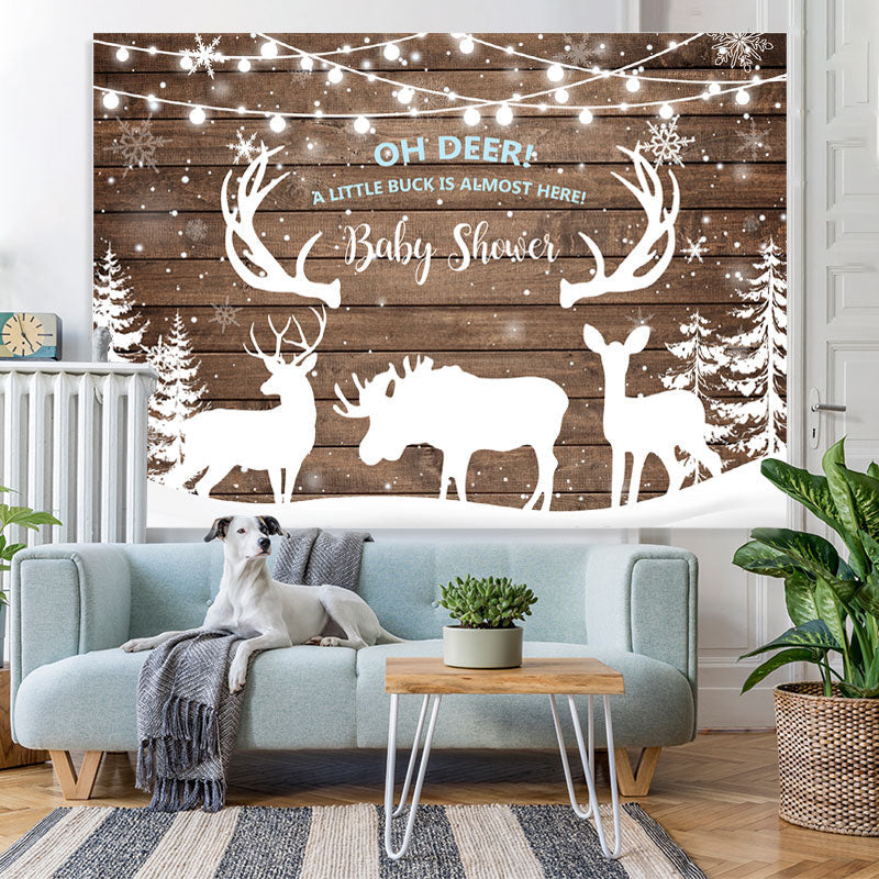 Lofaris Snowy Winter With Deers and Trees Baby Shower Backdrop