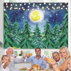 Lofaris Snowy Winter With Trees And Moon Baby Shower Backdrop