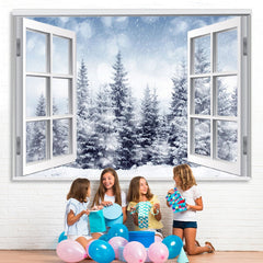 Lofaris Snowy Winter with Trees Outside the Window Backdrop