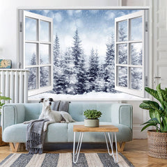 Lofaris Snowy Winter with Trees Outside the Window Backdrop
