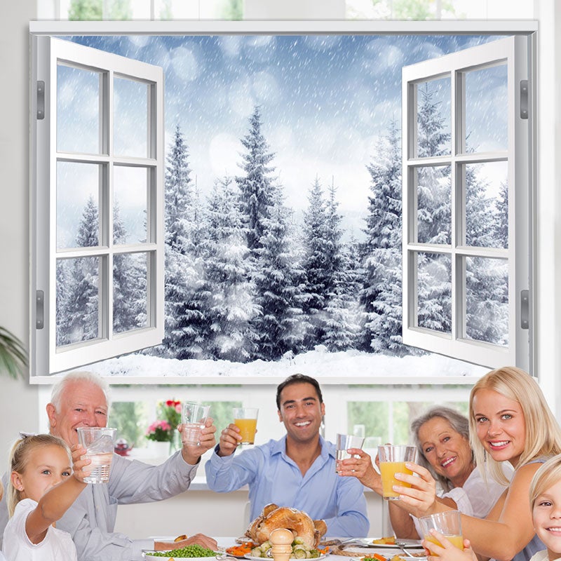 Lofaris Snowy Winter with Trees Outside the Window Backdrop