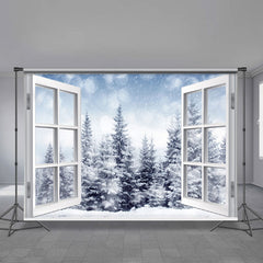 Lofaris Snowy Winter with Trees Outside the Window Backdrop
