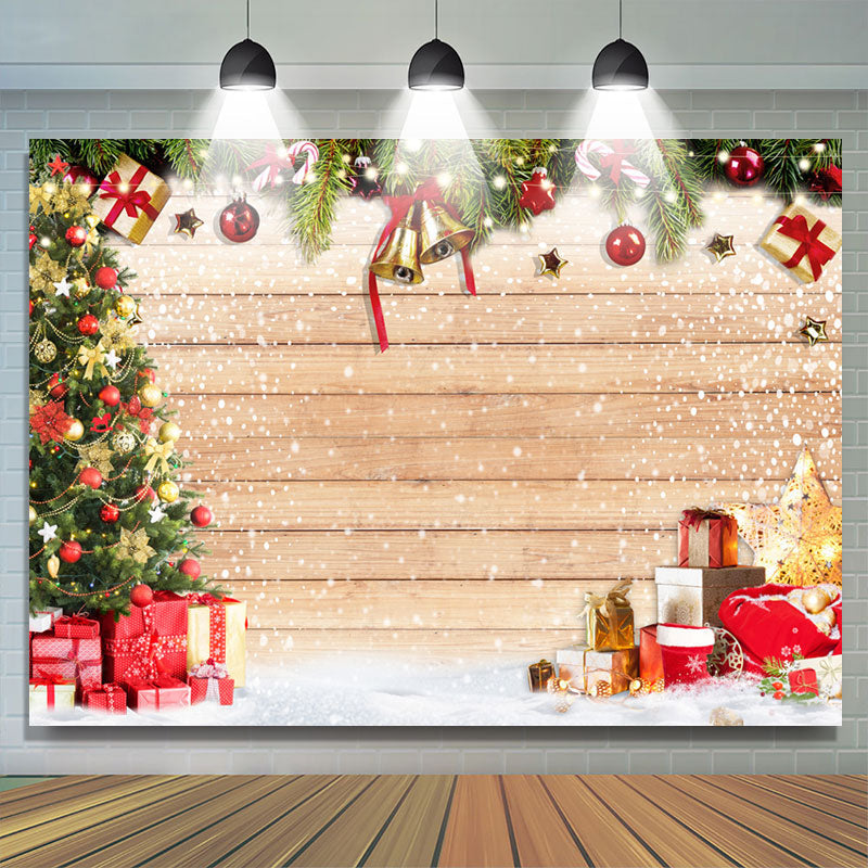 Lofaris Snowy Wooden Board Christmas Bell And Gifts Backdrop