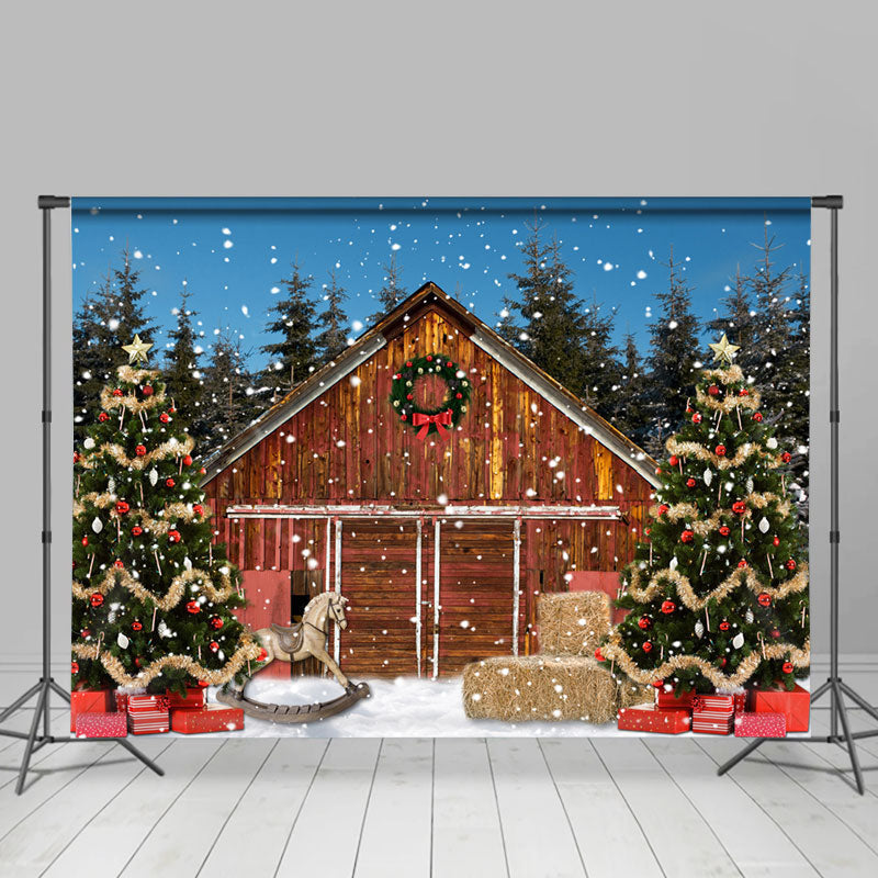 Lofaris Snowy Wooden House Night With Christmas Tree Backdrop