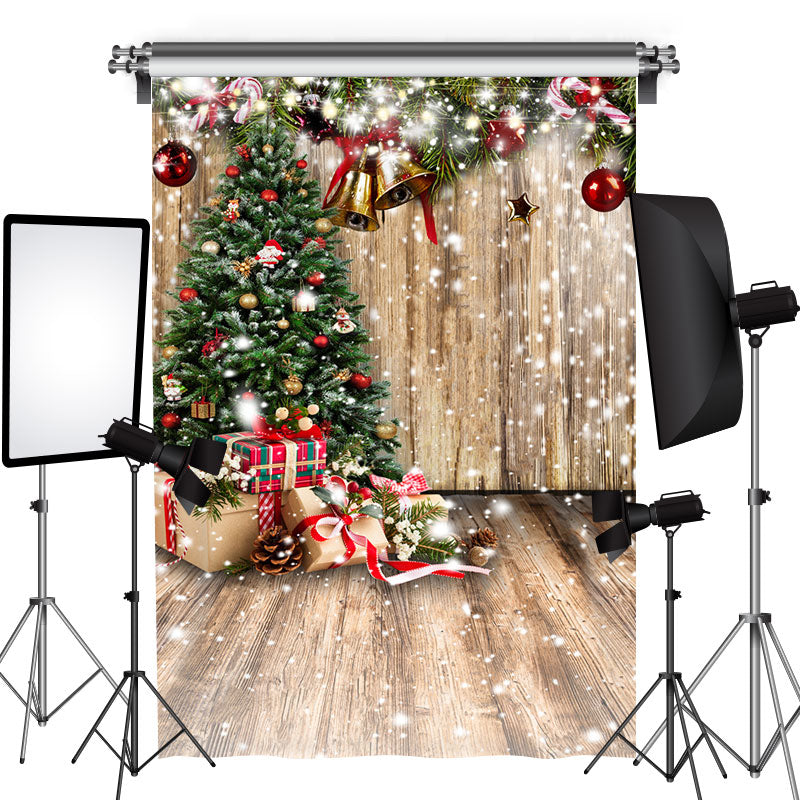 Lofaris Snowy Wooden House With Christmas Tree Bells Backdrop