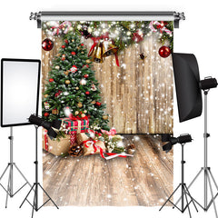 Lofaris Snowy Wooden House With Christmas Tree Bells Backdrop