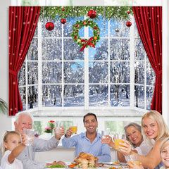 Lofaris Snowy World With Christmas Wreath Curtain Backdrop